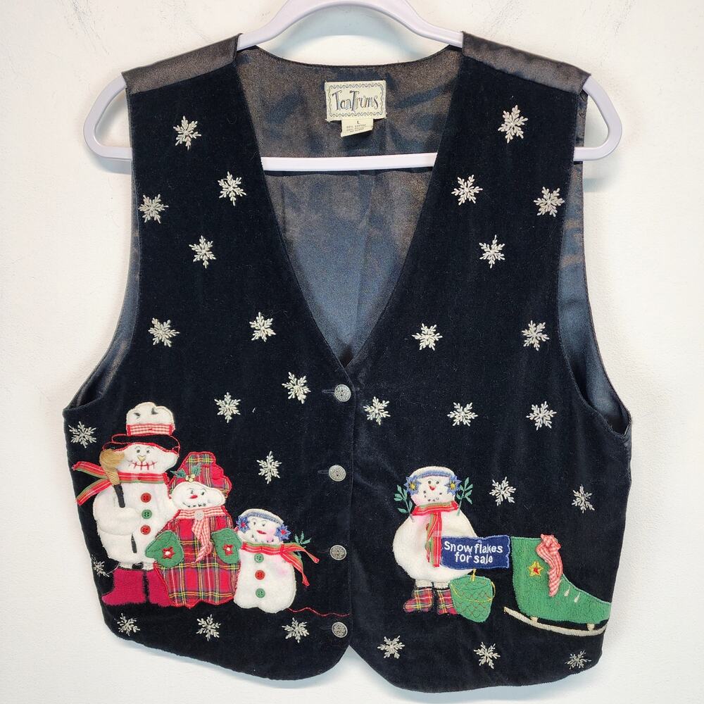 Tantrums Womens Ugly Christmas Sweater Vest Size L Black Velvet Snowman Vtg 90s